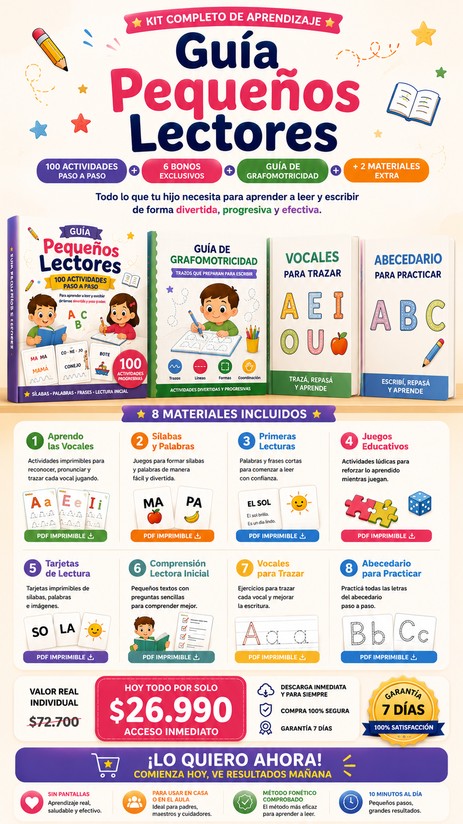 Guia Pequeños Lectores + 6 Bonos + Guia de Grafomotricidad + Vocales Para Trazar + Abecedario Para Practicar